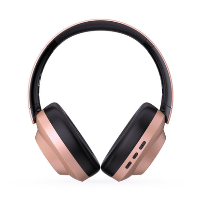 Rose gold and black over-ear headphones, front view with two cushioned earcups.