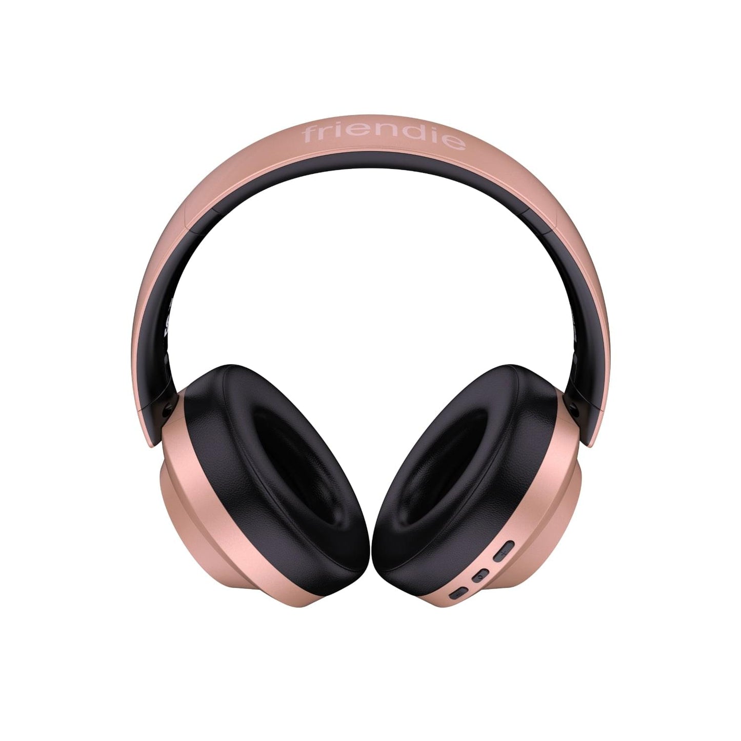 Rose gold over-ear wireless headphones with black padded earcups and headband.