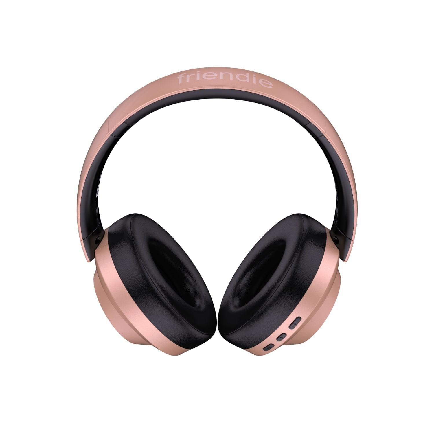 Rose gold over-ear wireless headphones with black padded earcups and headband.