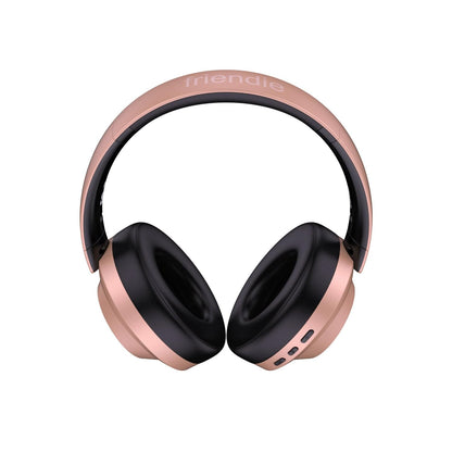 Rose gold over-ear wireless headphones with black padded earcups and headband.
