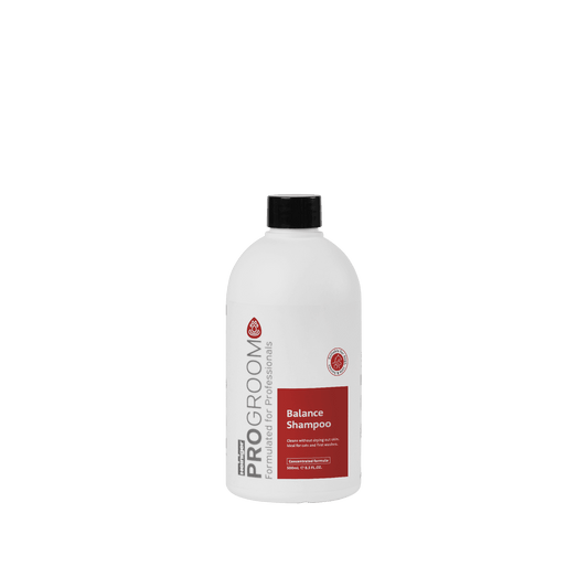 White ProGroom Balance shampoo bottle with black flip-top cap and red front label