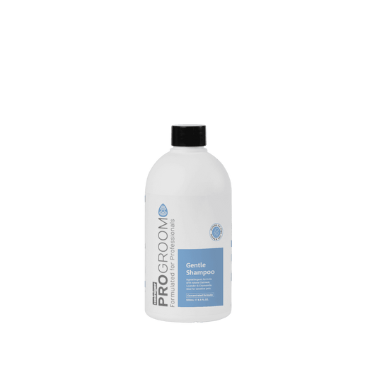 Progroom gentle shampoo bottle, white plastic with black pump cap, front label
