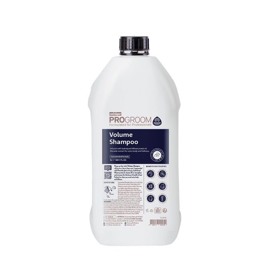 ProGroom volume shampoo bottle, white with black cap, back label