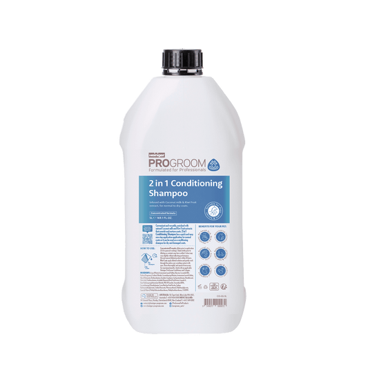 ProGroom 2 in 1 Conditioning Shampoo bottle, back label with blue text
