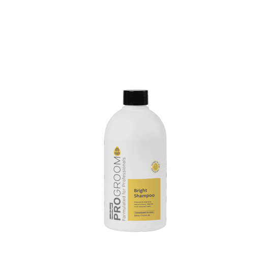 ProGroom Bright Shampoo white bottle with black flip-top cap, front label