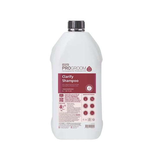 ProGroom Clarify Shampoo bottle, white plastic with red label and silver cap