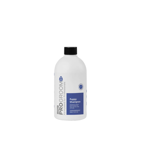 500ml puppy shampoo bottle with blue label and black cap