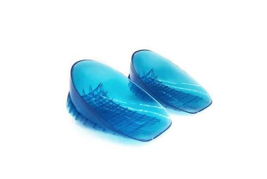 Blue gel heel cups, contoured fit with textured grid support on base.