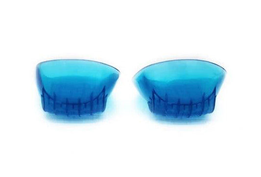 Blue gel heel cups, concave top with dark grid cushioning on underside.