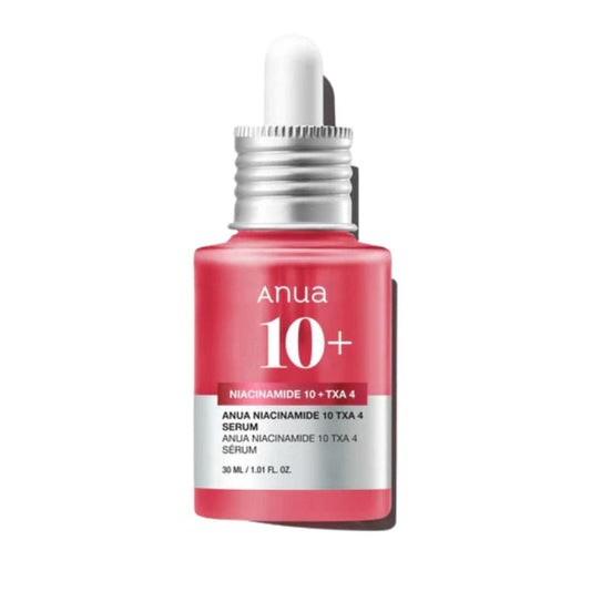 Anua niacinamide + TXA 4% spot serum bottle, red-pink glass with silver dropper cap