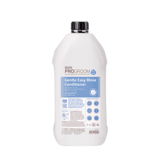 Progroom Gentle Easy Rinse Conditioner bottle, white with back label and black cap