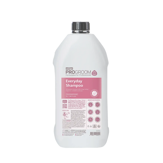 Progroom Everyday shampoo refill bottle back, white bottle with black cap