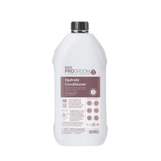 Progroom Hydrate Conditioner bottle, white with black cap, back label info