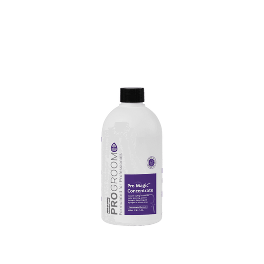 ProGroom Pro Magic concentrate bottle, white plastic, black cap, front label