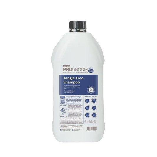 ProGroom Tangle Free Shampoo bottle, white with blue back label info
