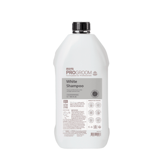 ProGroom White Shampoo bottle back label, white plastic with black cap