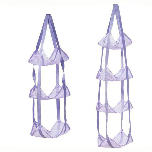 Purple hanging mesh storage bags, three- and four-tier design with pocket compartments