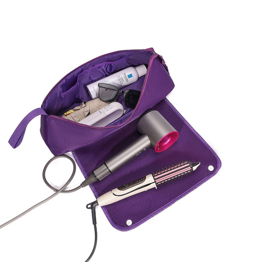 Purple roll-up travel case with open pockets for hair styling tools and accessories