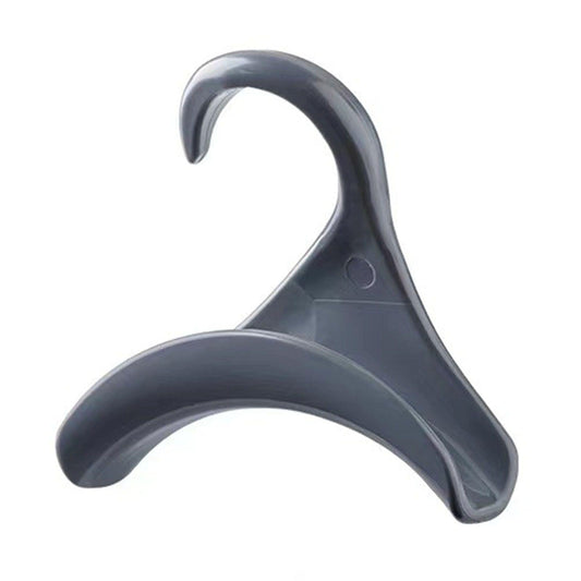 Grey plastic bag hanger hook with two curved arms for hanging satchels and coats