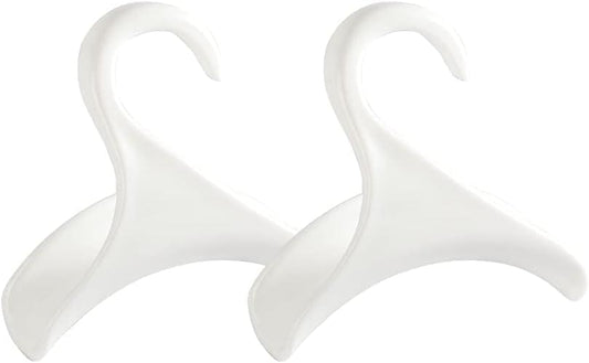 Set of two white purse hanger hooks with curved arms for over-closet rod storage