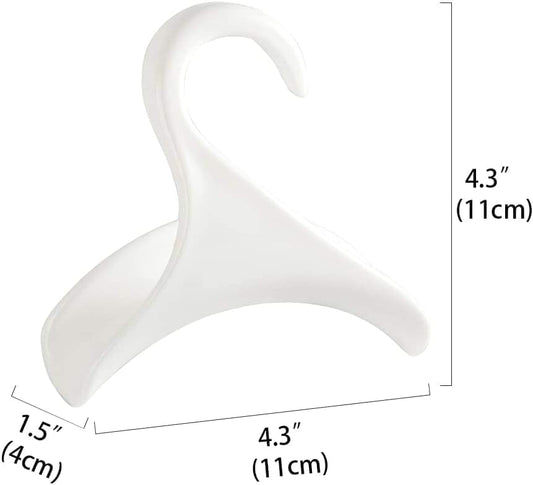 White purse hanger hook with size markings and curved arms for hanging bags on rod