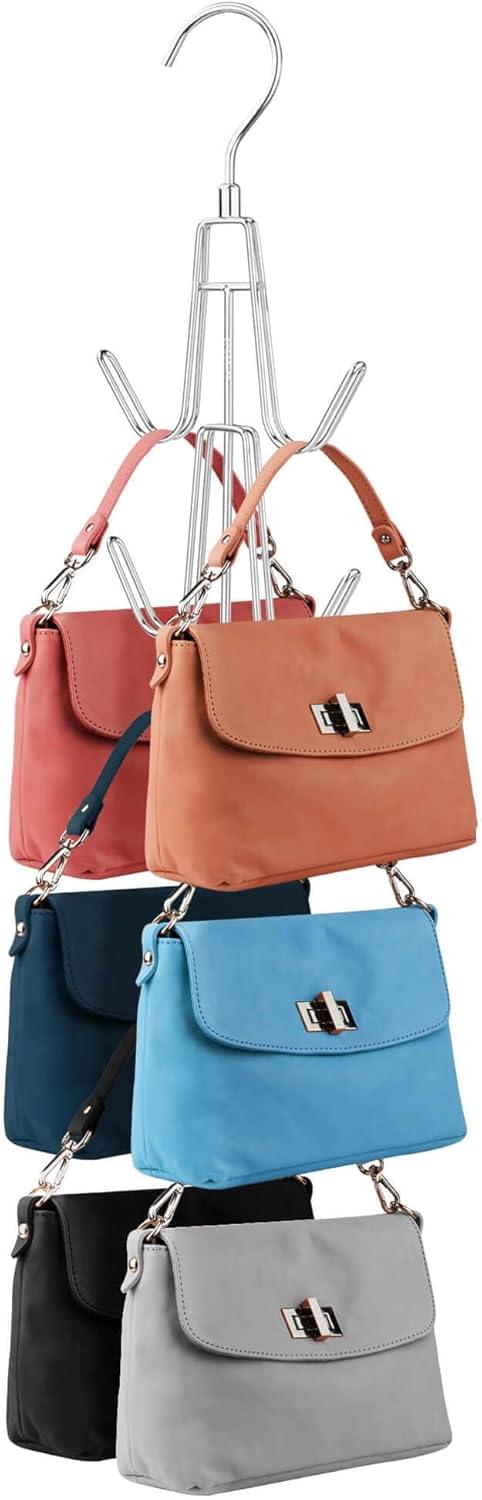 Multi-hook metal purse hanger with handbags in orange, blue, pink, and black.
