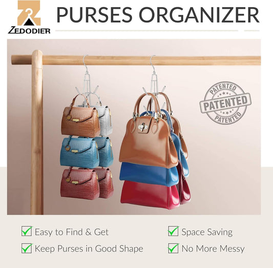 ZEDODIER metal purse hanger organizer with handbags hanging from overhead hooks.