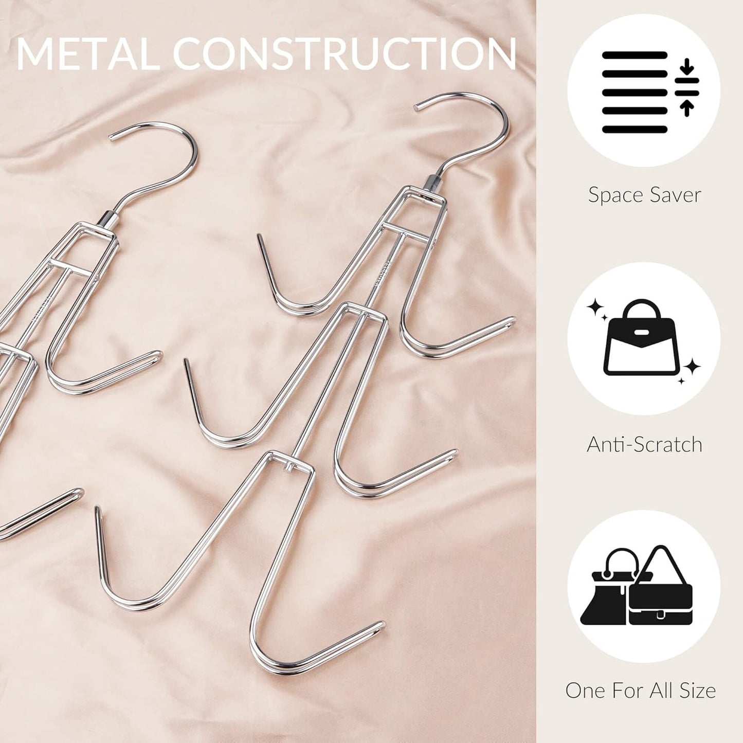 Purse Hanger Organizer for Closet, Hanging Bag Holder, Keeping Purses Visible and in Good Condition, Metal Handbag Storage Hook Backpack Rack Space Saving Hanger, Silver