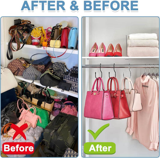 Purse hooks on a closet bar with handbags hanging neatly in rows