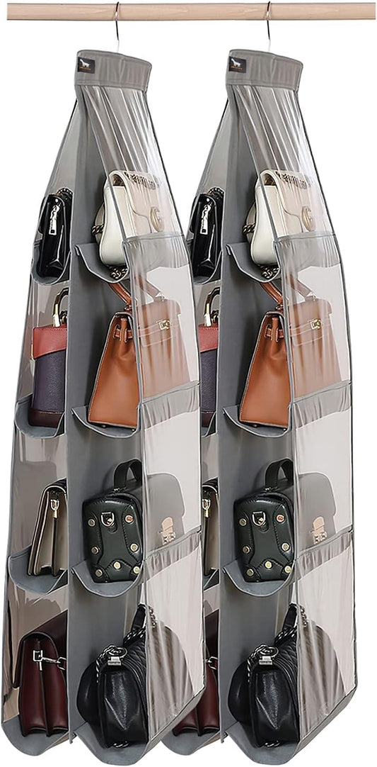 Grey hanging purse organizer, 2 pack with metal hooks and clear mesh pockets