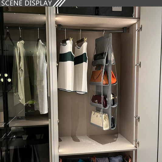 Grey hanging purse organizer with multiple compartments and metal hooks for handbags