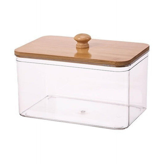 Transparent laundry sheet storage container with bamboo lid and knob