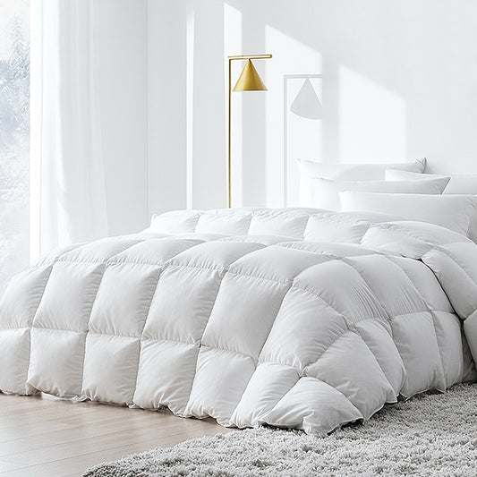 Duck down feather quilt, white, rounded baffle quilting with draped edge