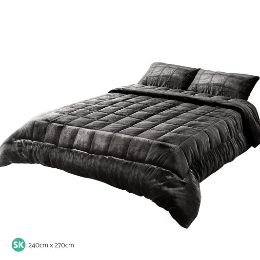 Charcoal faux mink super king quilt, diamond quilting with baffle-box channeling