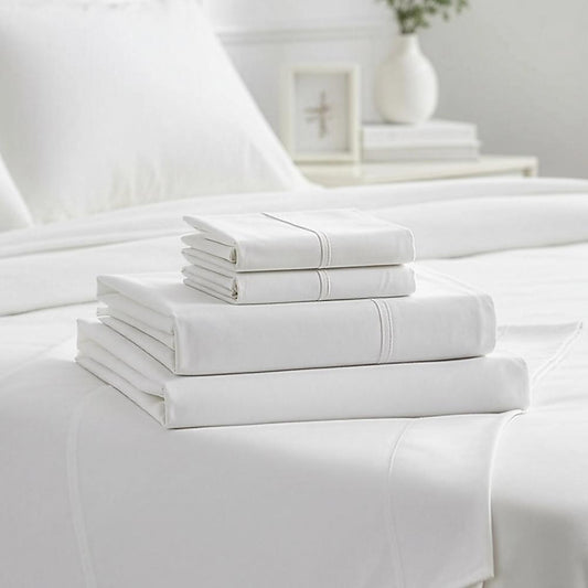 Queen bed sheet set, white microfiber sheets, neatly folded stack