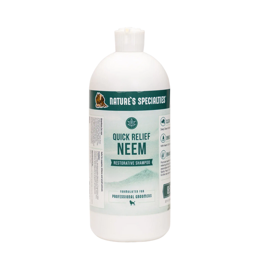 Natures Specialties Quick Relief Neem restorative shampoo bottle, white with green label