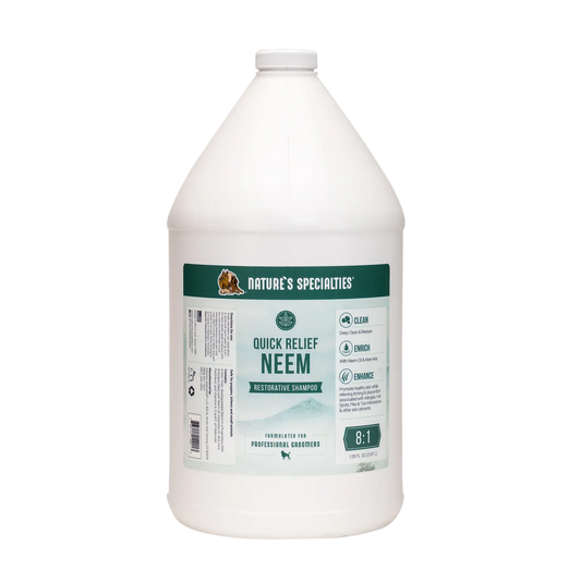 Natures Specialties Quick Relief Neem restorative shampoo bottle, front label on white container