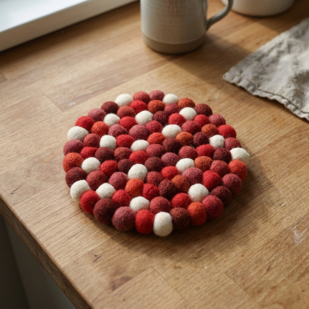 Red Berry Red Wool Felt Trivet Heat Mat – Handmade Pot Mat