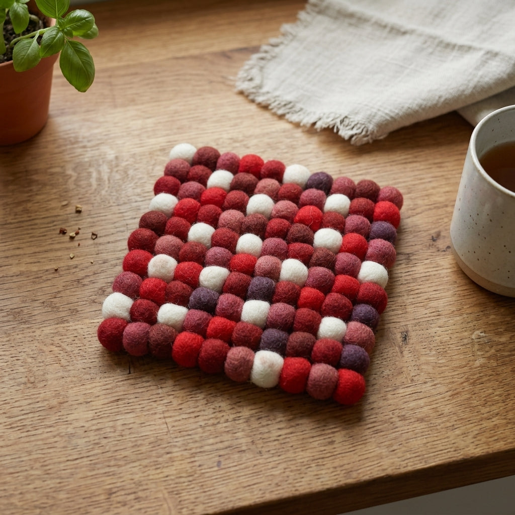 Red Berry Red Wool Felt Trivet Heat Mat – Handmade Pot Mat