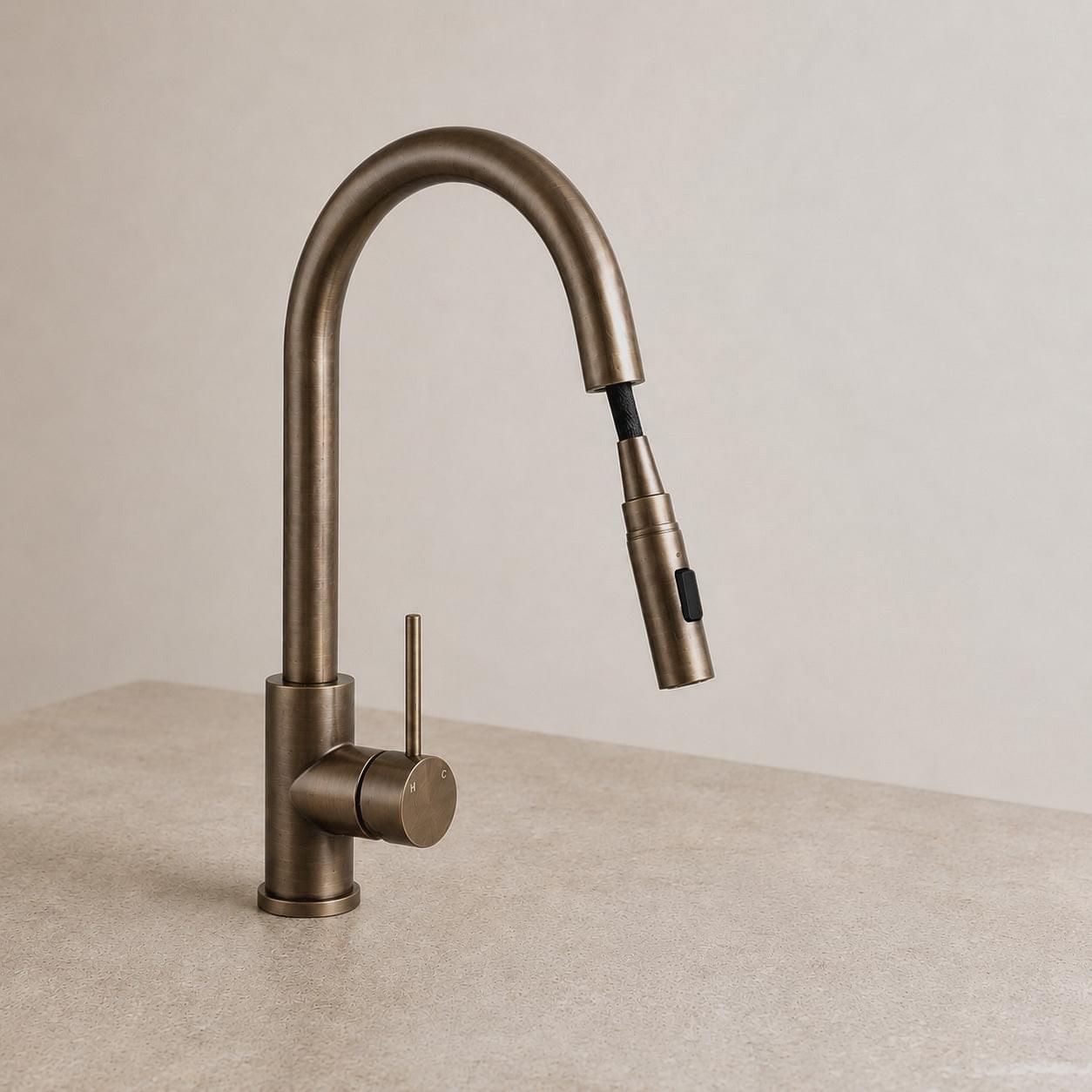 Reno Pull-Out Kitchen Mixer - Antique Brass