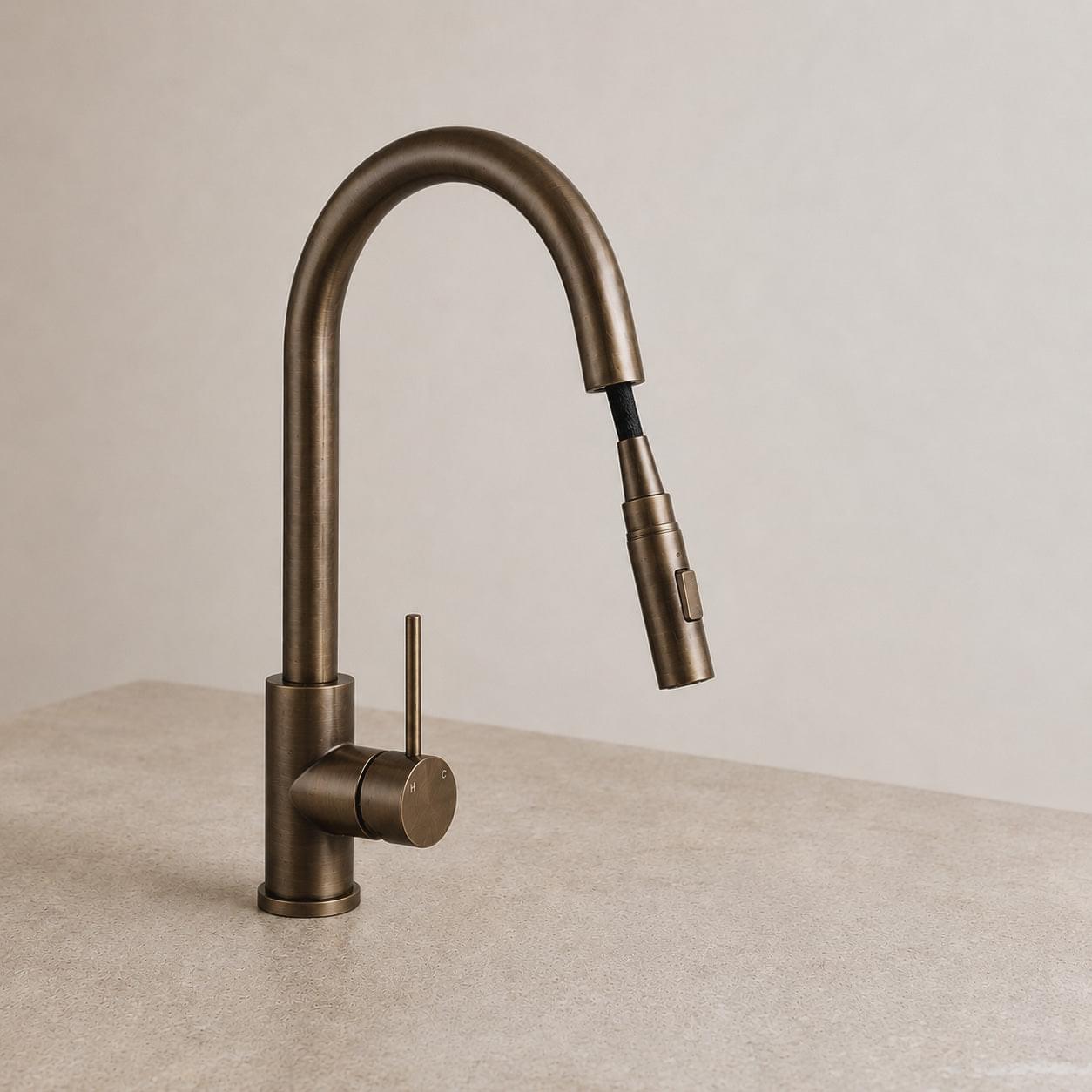 Reno Pull-Out Kitchen Mixer - Antique Brass