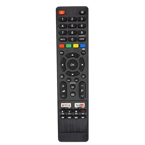 Black TV remote control with numeric keypad and navigation buttons