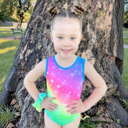 Girls sleeveless rainbow gradient leotard with blue neckline and galaxy sparkles