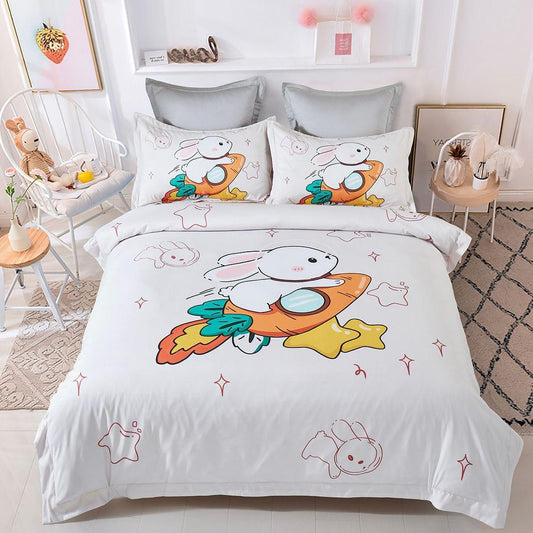 Rabbit kids quilt cover set with cartoon rabbit and stars on white bed cover