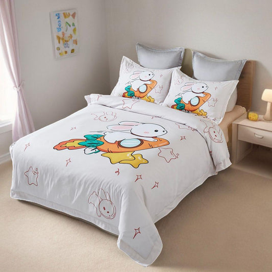 Rabbit kids quilt cover set with cartoon rabbit, stars pattern on white duvet cover