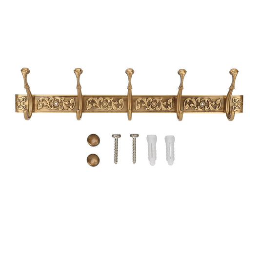 Gold ornate wall coat hook rail with five curved hooks and decorative finials