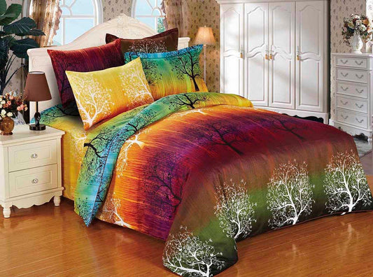 Single-size quilt duvet cover set with rainbow tree branch prints, multicolor panels