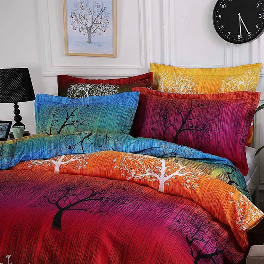 Single-size duvet cover set with purple, blue, and yellow tree branch patterns