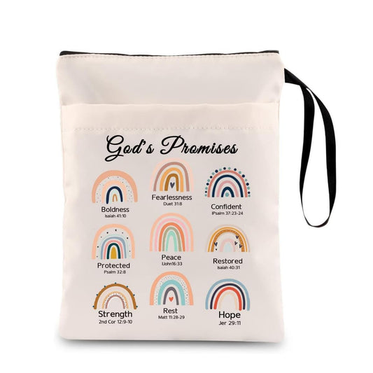 Zippered book sleeve with rainbow printed scripture design and wrist strap