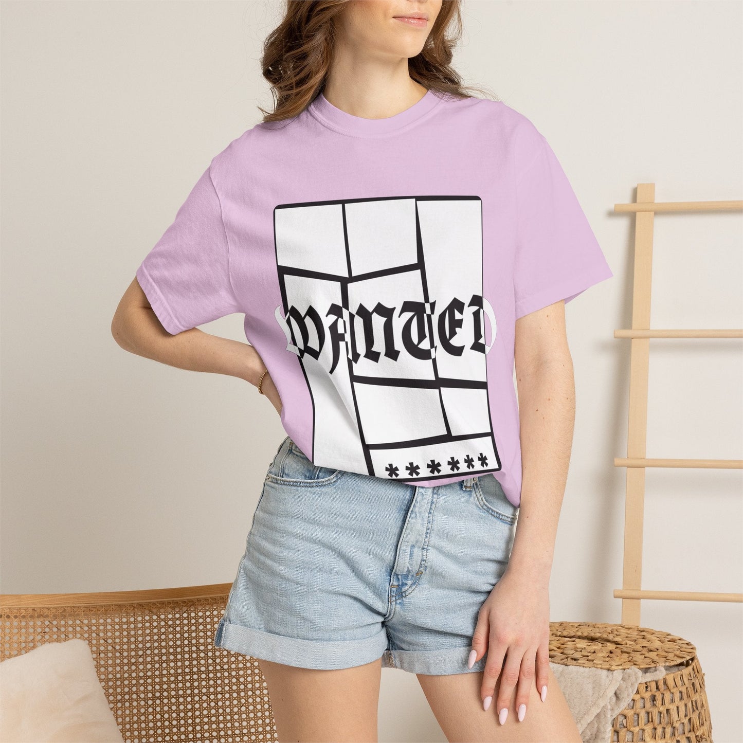 Wanted Graphic Tee Window Grid Design with wanted printed Tees